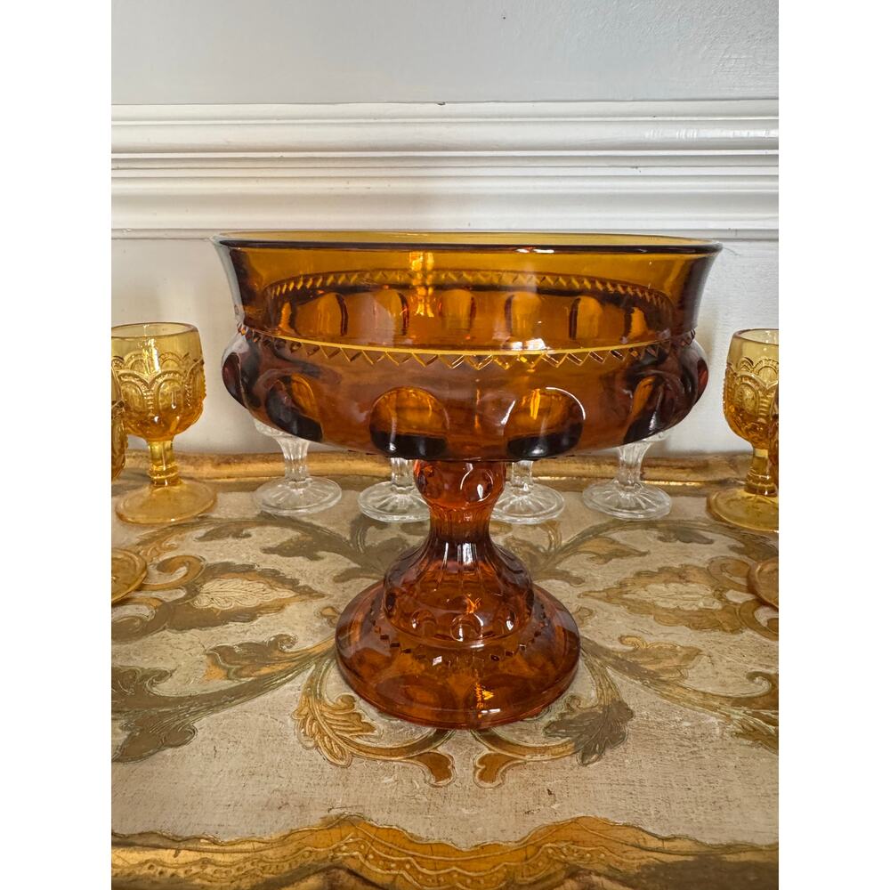 Vintage Indiana Glass King’s Crown Thumbprint Amber Pedestal Compote Bowl 8”
